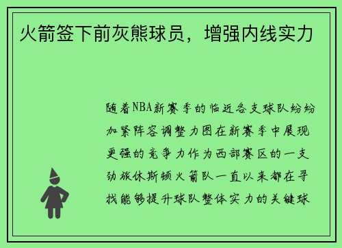 火箭签下前灰熊球员，增强内线实力